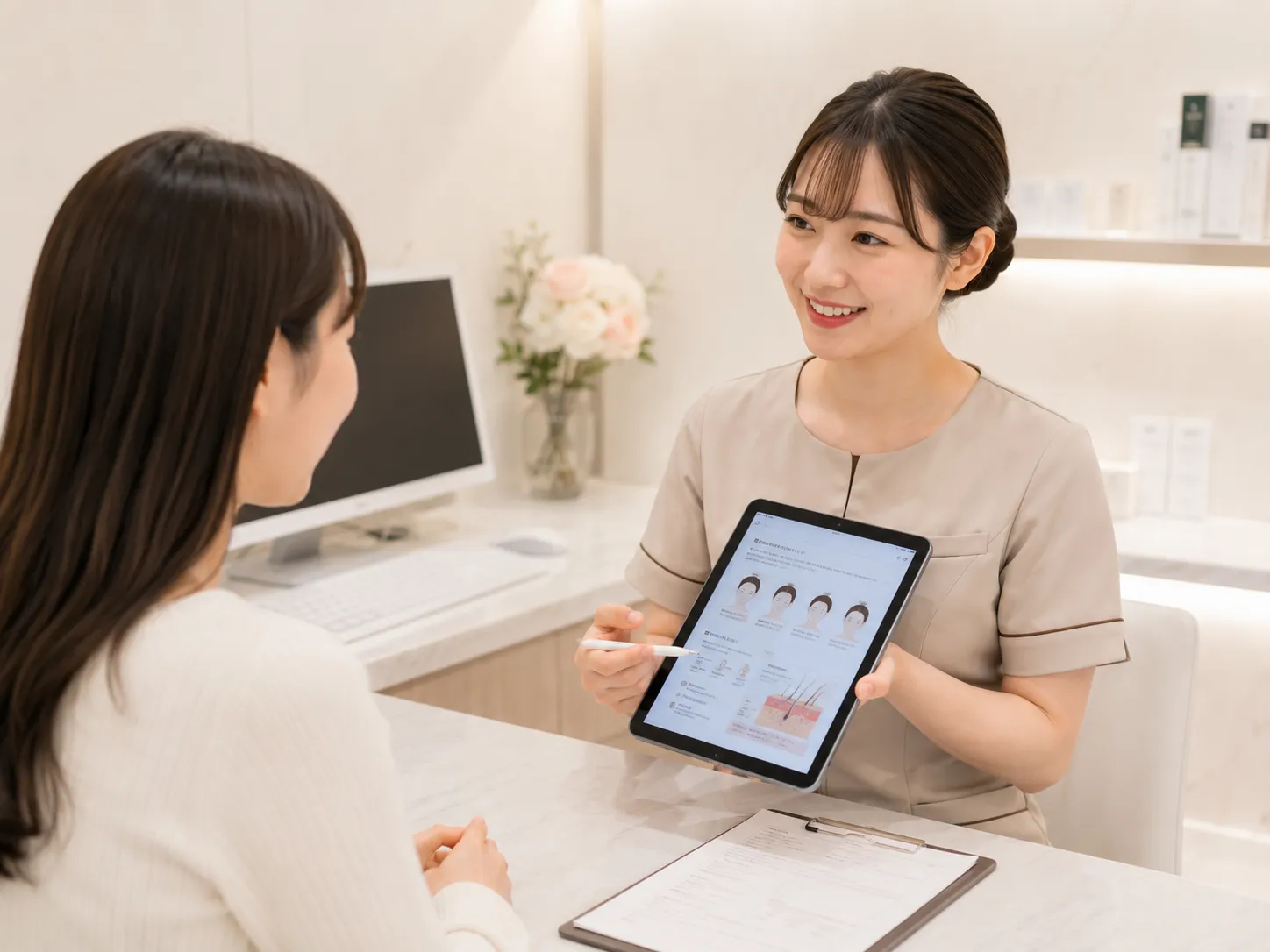 女性の髪の悩みについて説明するカウンセリングのイメージ