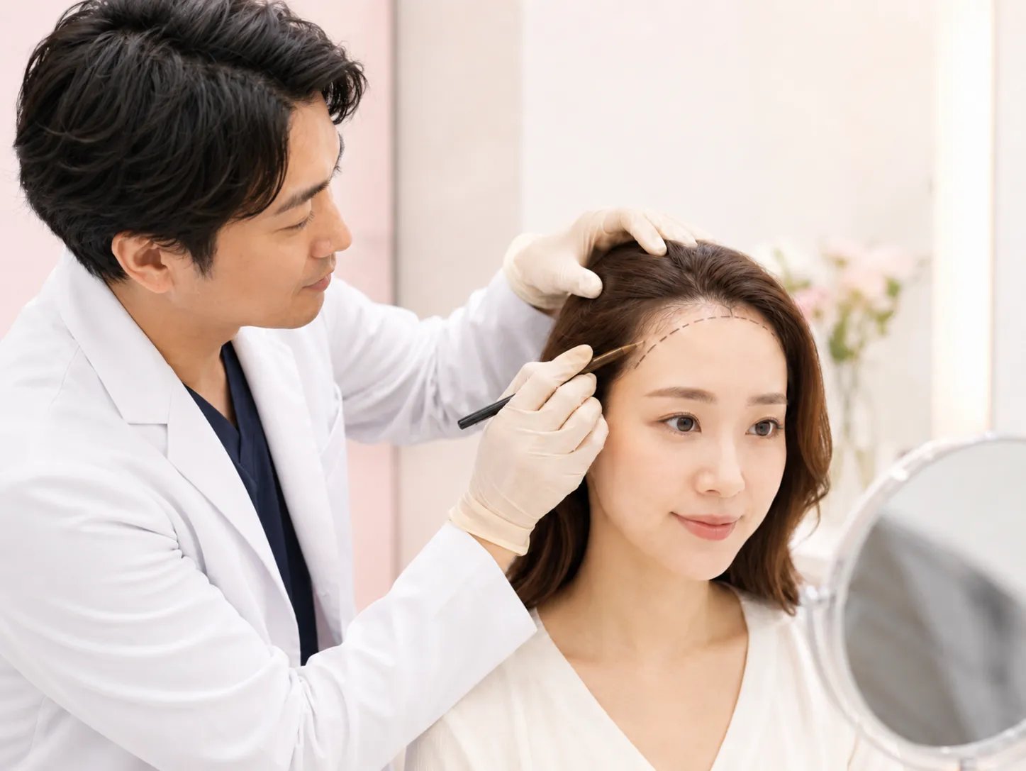 女性の生え際を確認し植毛デザインを検討するイメージ